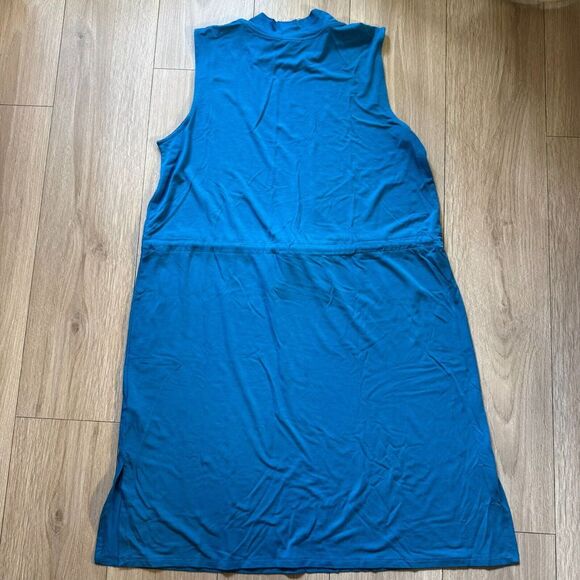NWOT Eileen Fisher Mock Neck Tie Waist Sleeveless Knee Length Dress Marine Blue - Picture 10 of 12